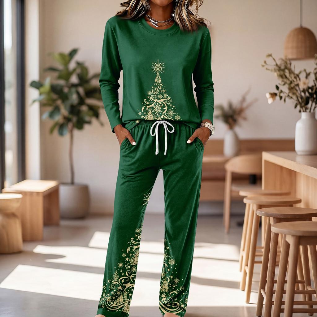 Casual Pajama Set with Long Sleeve Round Neck Top and Wide Leg Pants for Sleep and