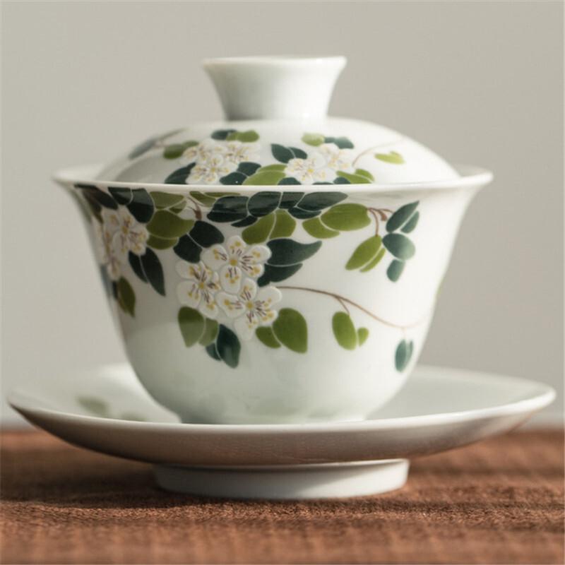 Keramik Handgefertigt Kung Fu Gaiwan Kreativ Handbemalte Chrysanthemen Teetasse Teegeschirr Büro Teeschale mit Untertasse Trinkgeschirr