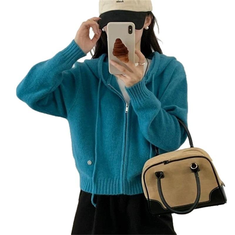 Autumn and winter new lazy wind loose casual thick sweater jacket double zipper hooded knitted cardigan women