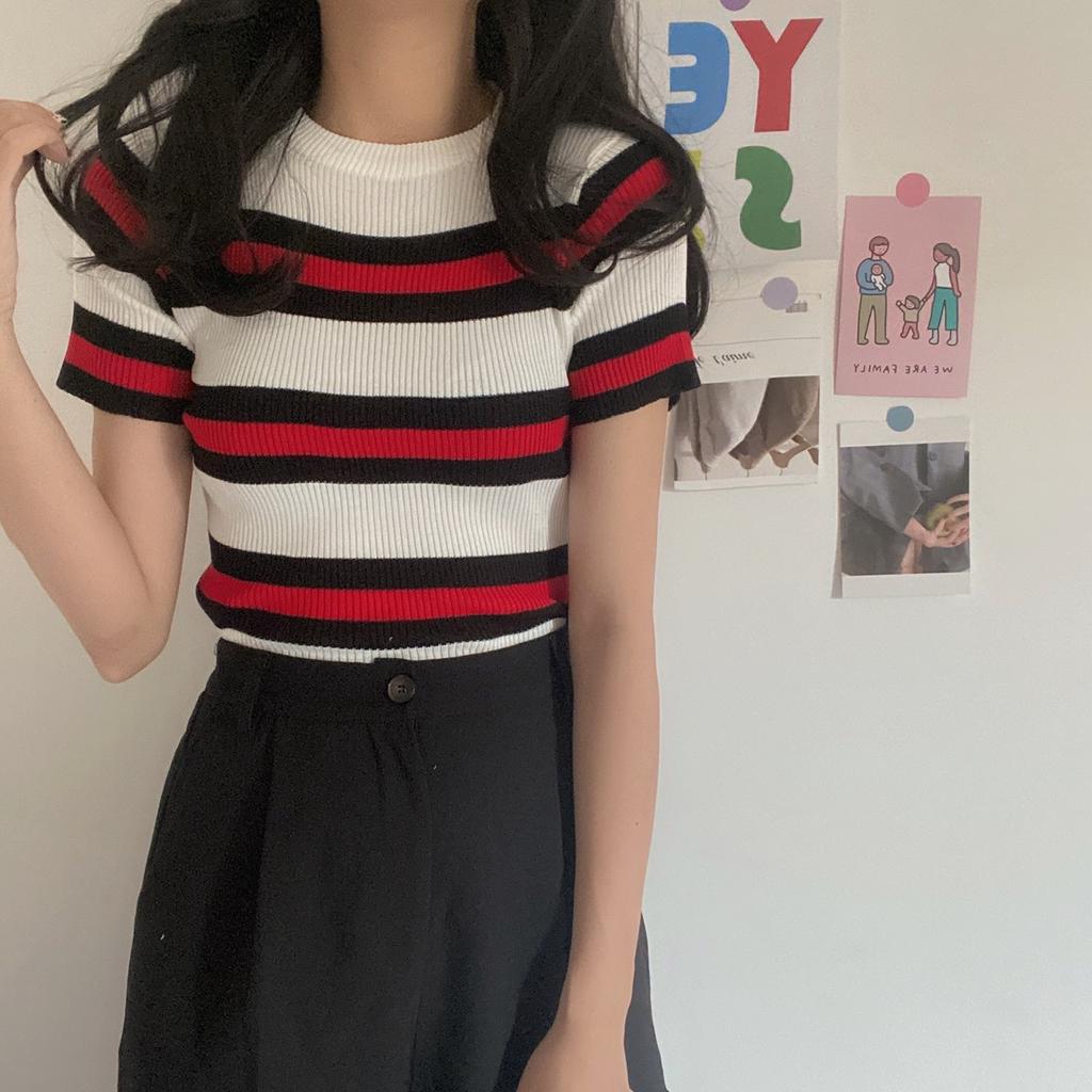 Fashion Striped Short-sleeved T-shirt Women's Spring and Summer Pullover Round Neck Slim Colorblocking Knit Shirt Tops Casual Slim Fit Pullovers Tees