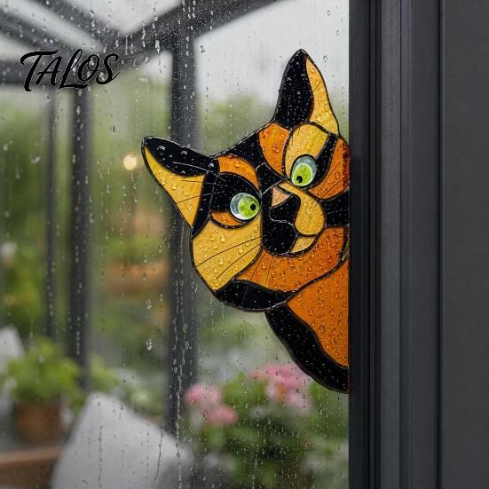 Waterproof Cat Car Decal Stained Glass Window Cling, Vintage Colorful Kitty Decal, Removable Static Artistic Decoration Sticker for Door Wall