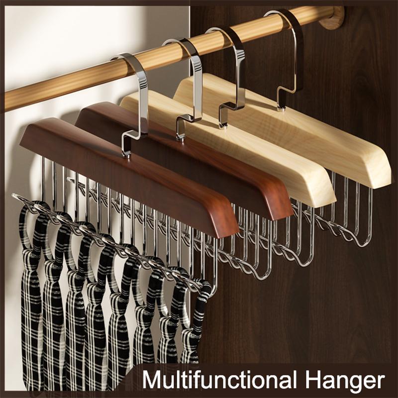2pcs Multifunctional Wooden Clothes Hanger With 8 Hooks Space Saving Closet Organizer For Belts, Ties, Bras, Tank Tops, Jeans And Trousers