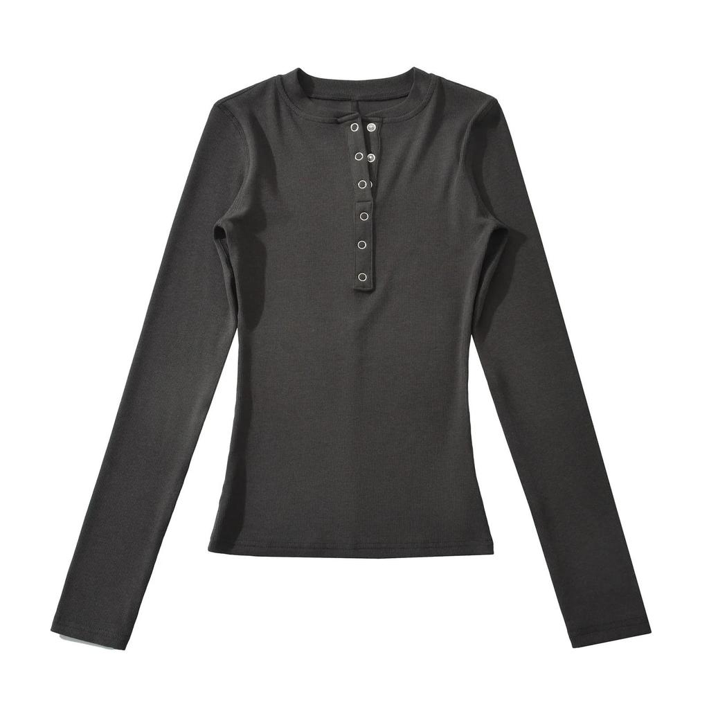 Women's Korean Style Henry Collar Long Sleeve Base Layer T-shirt for Autumn/Winter – Stylish, Stretchy, Basic Top