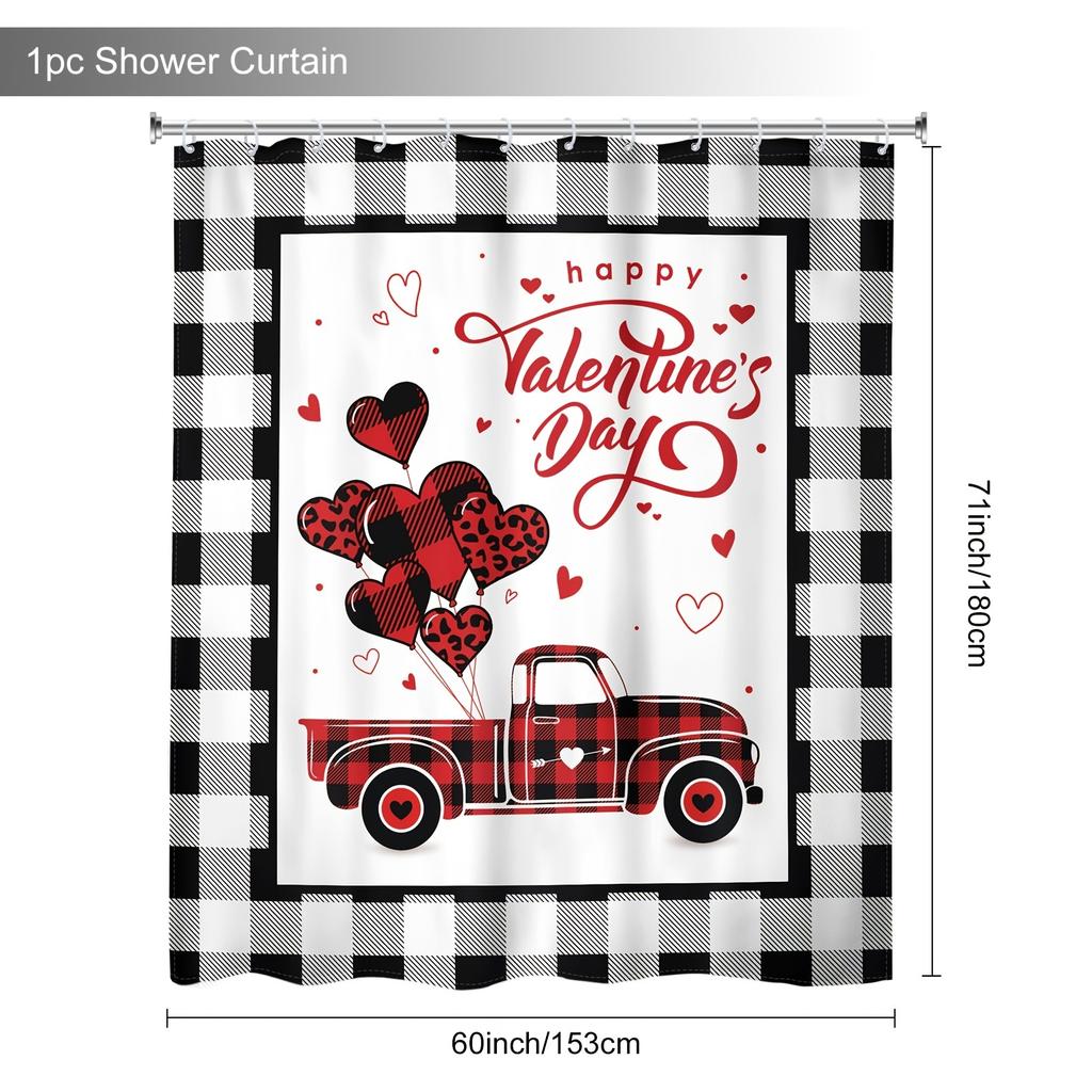 Wasserdichter Romantischer Valentinstag Karomuster Polyester Duschvorhang - Maschinenwaschbar, Roter LKW und Herzballons