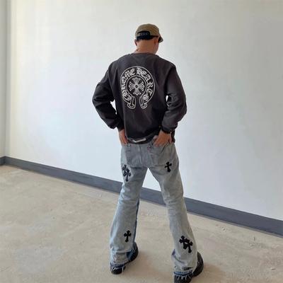 EastRogue Crossed-pants with Cowboy Flared Legs, Washed and Distressed Denim Jeans with Patchwork Design.