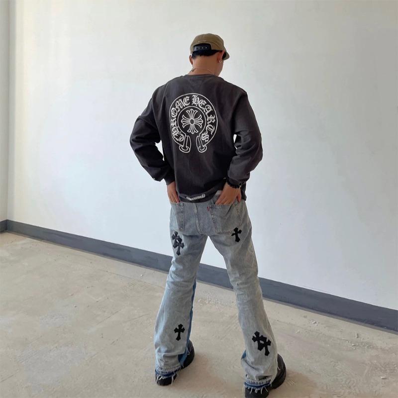 EastRogue Crossed-pants with Cowboy Flared Legs, Washed and Distressed Denim Jeans with Patchwork Design.