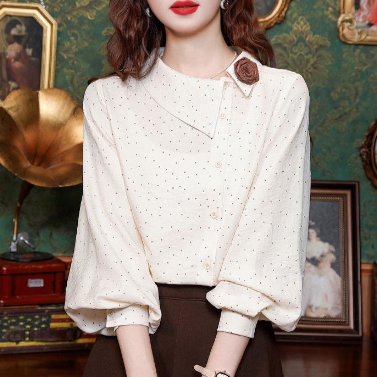Hong Kong Style Retro Irregular Polka Dot Long-sleeved Shirt for Women In Winter Fashionable Age-reducing Design Versatile Top