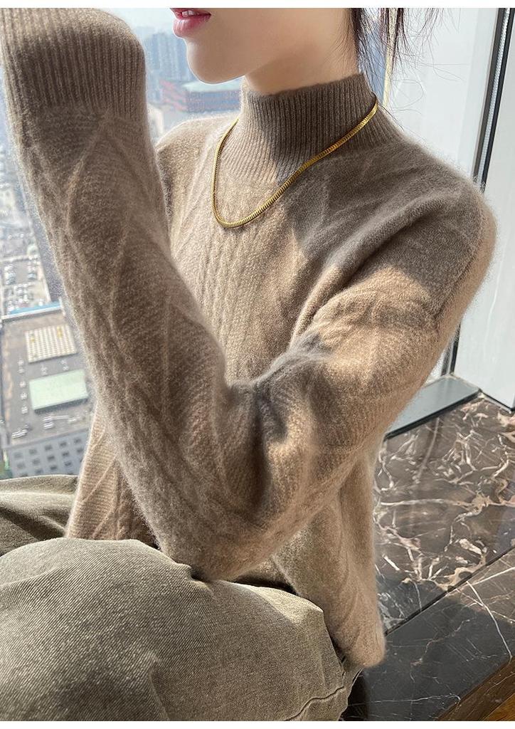 Women's 2024 Autumn/Winter High Neck 100% Pure Wool Cable Knit Sweater