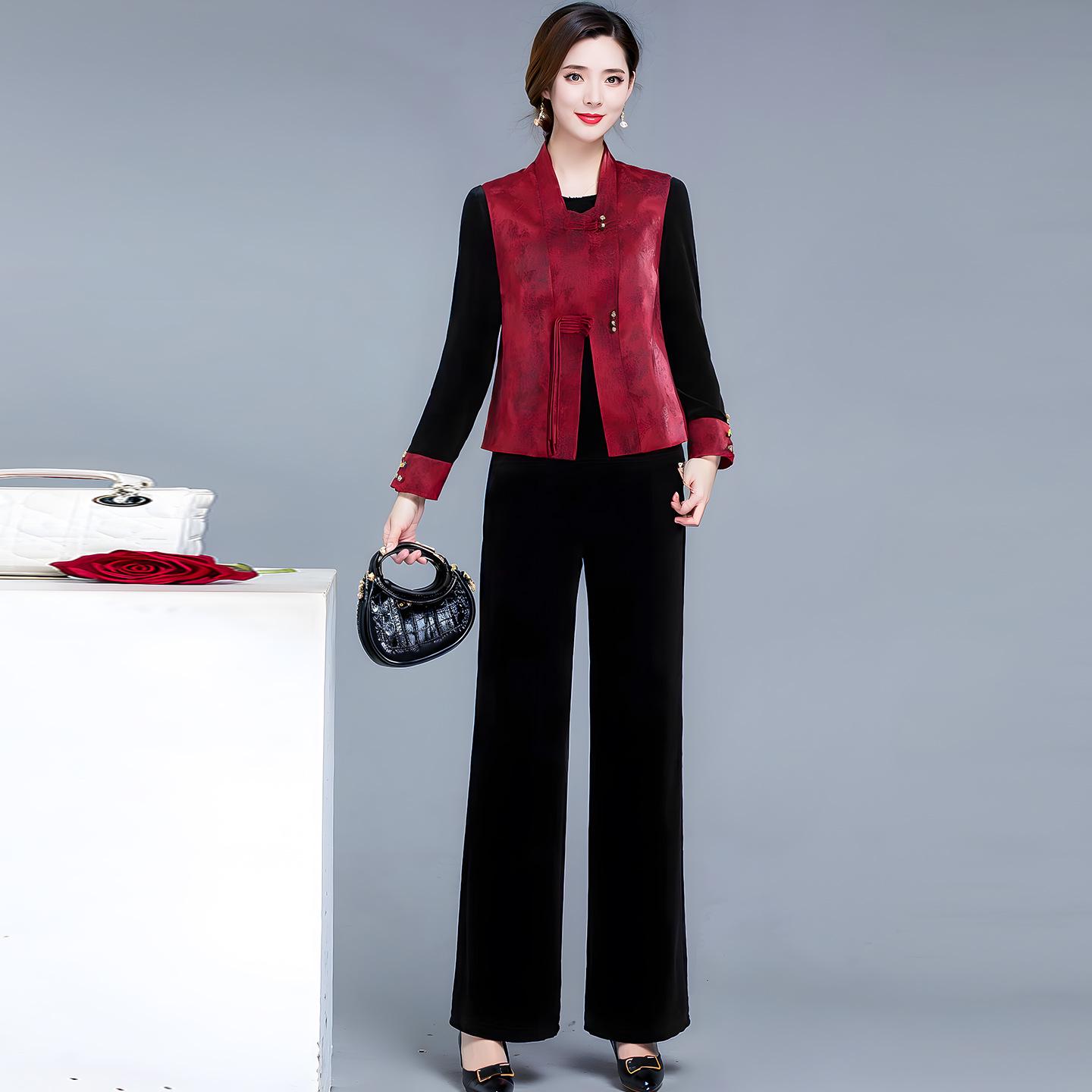 

Elegant Chinese Gold Velvet Three-Piece Suit for Women - 2026 Spring, Slim-Fit, Ideal for Middle-Aged and Elderly Mothers M красный