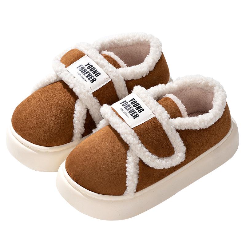 Women's Retro Velcro Cotton Slippers - Non-Slip, Warm Velvet, Full Heel for Autumn/Winter.
