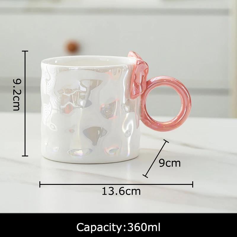 Pearl Color Glazed Porcelain Cup Lovely Bowknot Decor Coffee Mug Dining Table Milk Mugs Afternoon Tea Teacup Fruits Juice Cup
