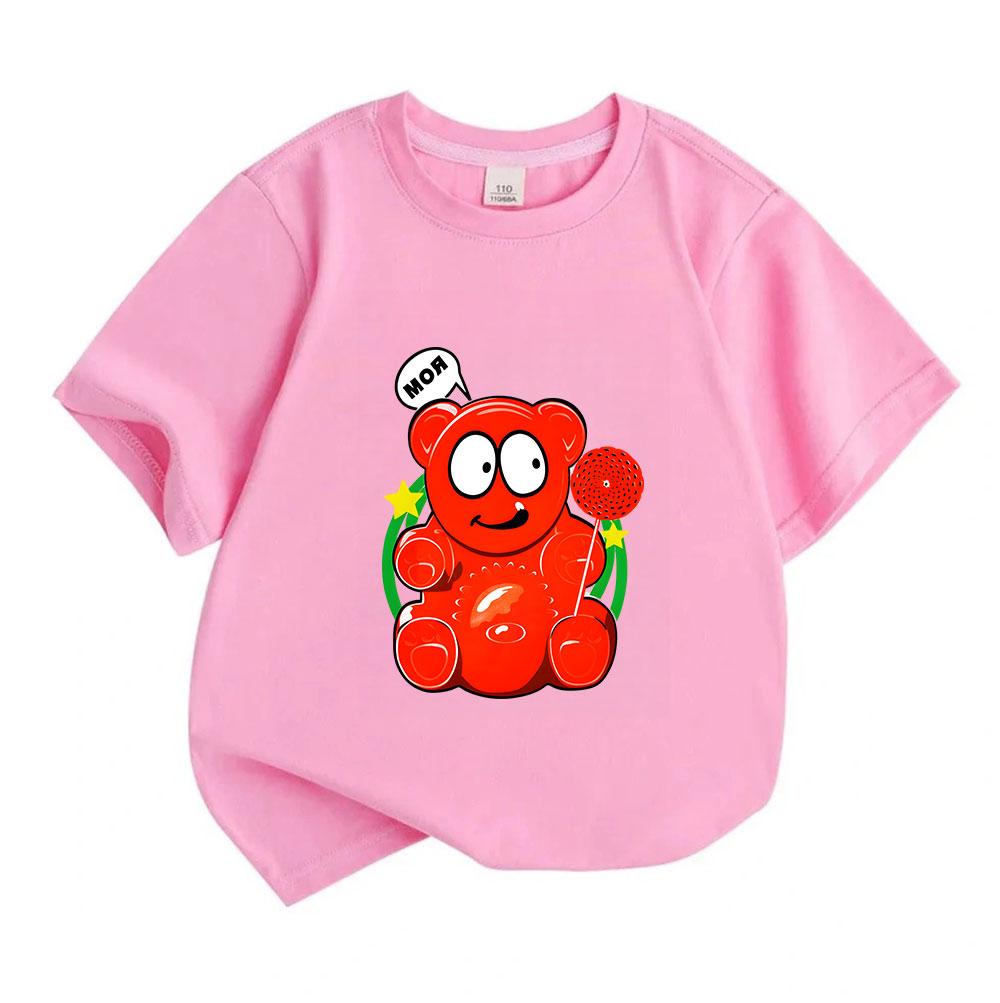 Kids Boys Girls Crew Neck Short Sleeve 100% Cotton T-Shirt Cute Glossy Red Gummy Bear Print Casual Lightweight Soft Summer Daily Tees for Children