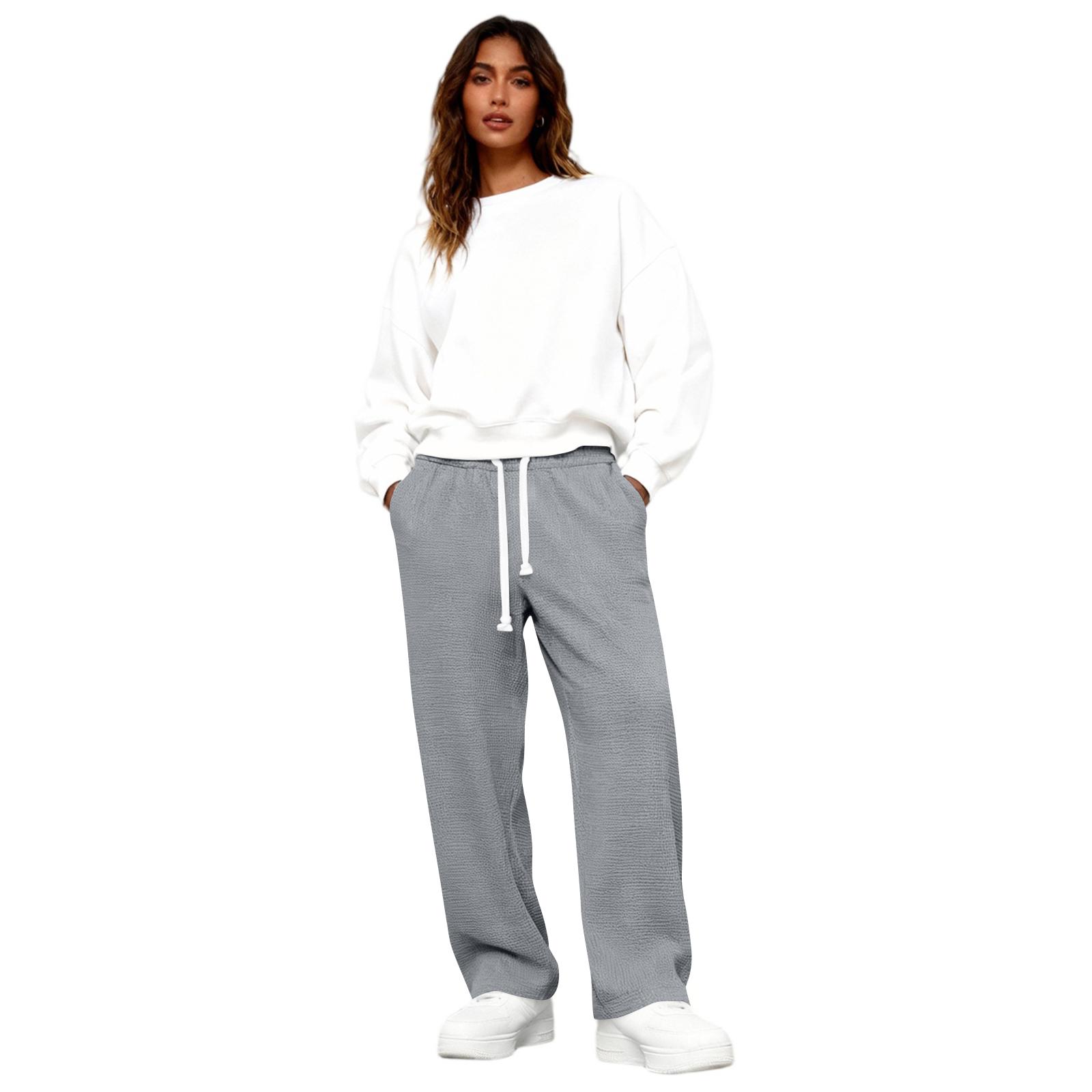 Pants For Women Textured Drawstring Waist Solid Wide Leg Trousers Loose  Sweatpants M