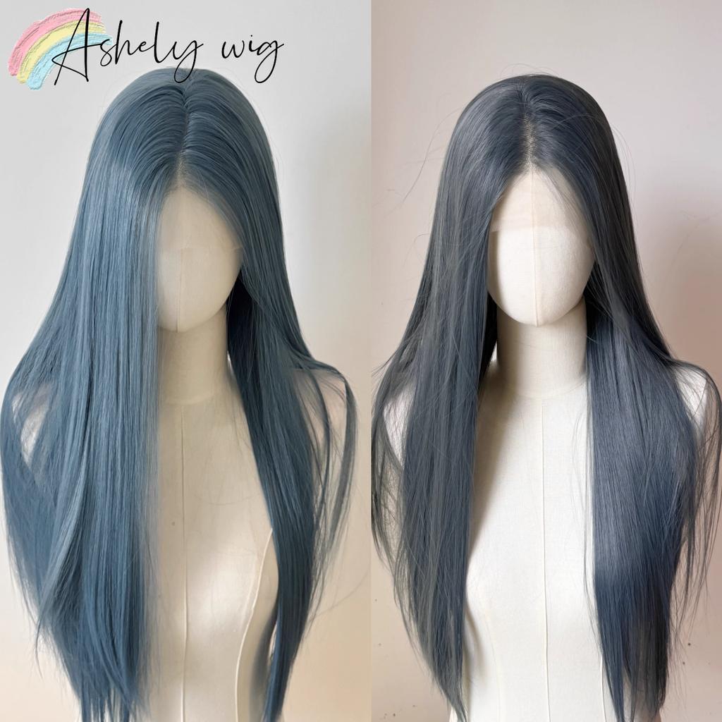 Popelavě modrá krajková paruka pro Cosplay 13*4 Krajkový přední díl paruky pro ženy 26 palců Dlouhé rovné vlasy Syntetické krajkové paruky z vláken odolných vůči vysokým teplotám