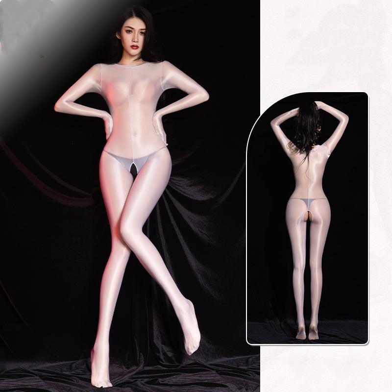 Sexy dámský lesklý body bez rozkroku Průhledný body s otevřeným rozkrokem Dlouhý rukáv Teddies Body Bodystockings Hedvábný celotělový oblek Kombinéza