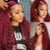 Wine Red Synthetic Lace Front Curly Wig Women Long Hair With Natural Bangs Heat Resistant Fiber