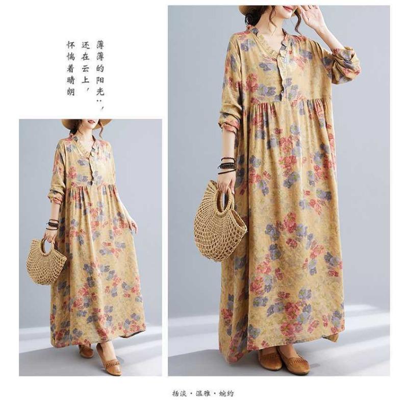 Season's New Vintage Print Loose Hem Long Dress
