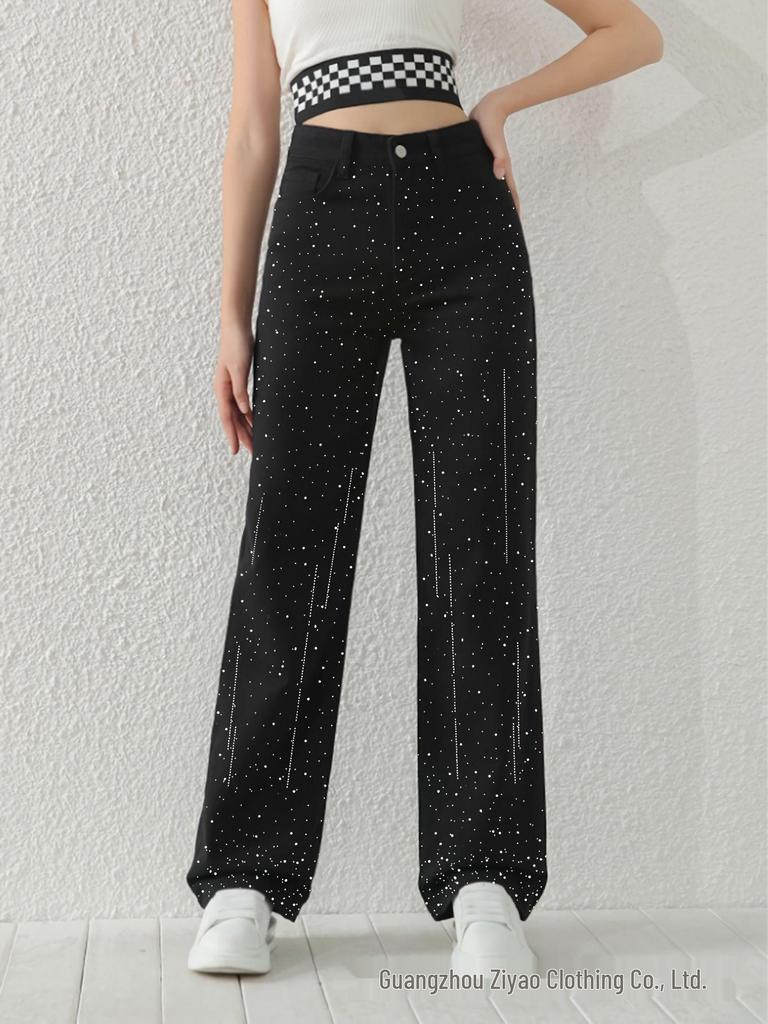 Autumn/Winter Rhinestone Black Straight-Leg Jeans: Slimming Women's Casual Fashion