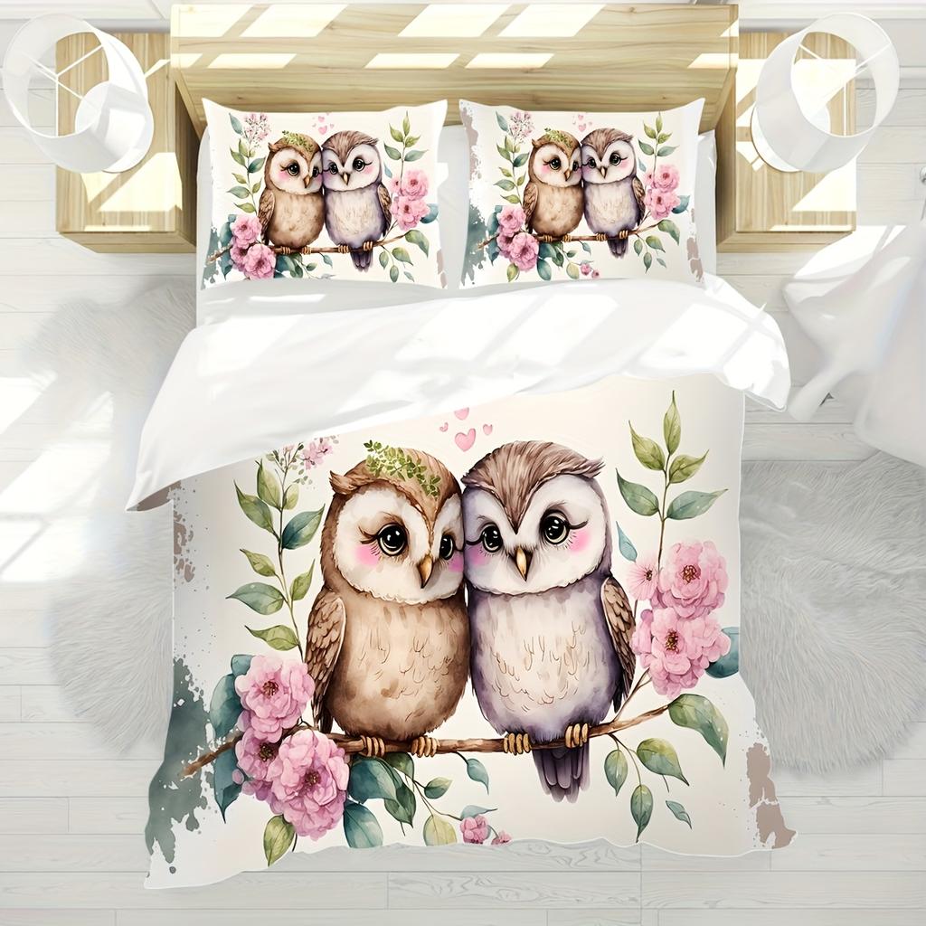 2/3pcs Set Fresh and Loving Two Love Owls Perched on Pink Flower Branches Bird-themed Bedding Set Digital Print Quilt Cover Set