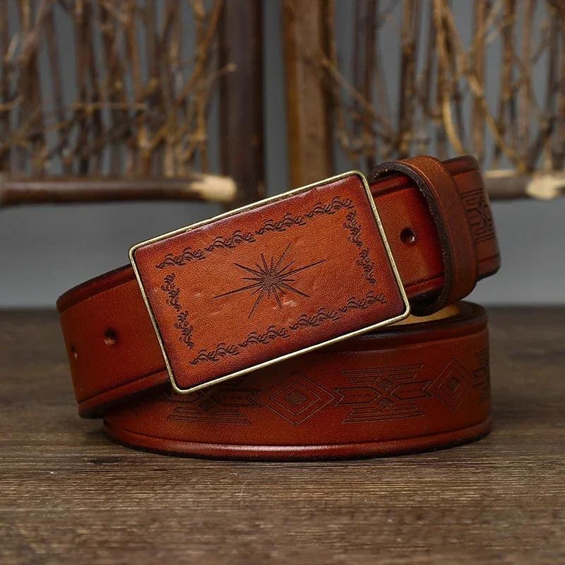 3.8CM Men High Quality Genuine Leather Belt Laser Engraving Brass Smooth Buckle Belts Pure Cowskin Strap Male Jeans for Man