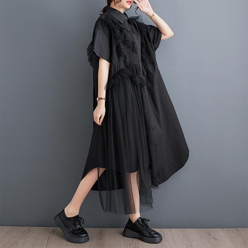 2025 Summer Mesh & Wood Ear Edge Irregular Shirt Dress