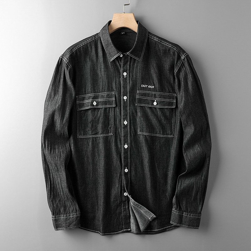 Cut Label Washed Long Sleeves Spring & Fall American Denim Shirt Black 3XL