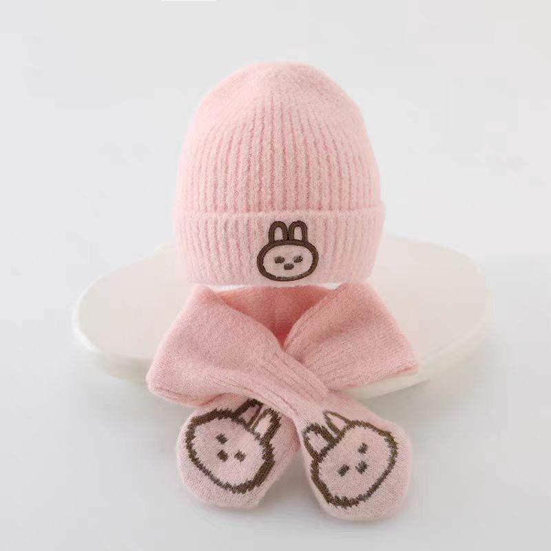 Autumn and winter children's hat boy bear wool hat girl knitted cotton warm baby hat scarf two-piece set