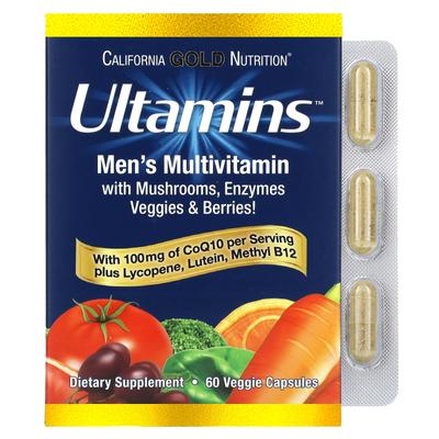 Ultamins Men's Multivitamin with Coq10, Mushrooms, Enzymes, Vegetables and Berries, 60 Veggie Caps