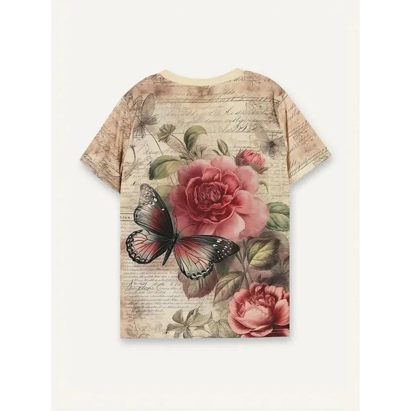 Women's Summer Round Neck Short Sleeved T-shirt with 3D Romantic Rose Print Casual Top Breathable Machine Washable Suitable for Outdoor Daily Wear