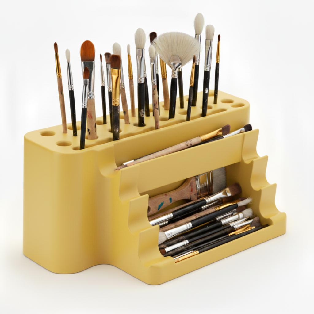 Paint brush organizer, yellow stand with tray, 26 places
