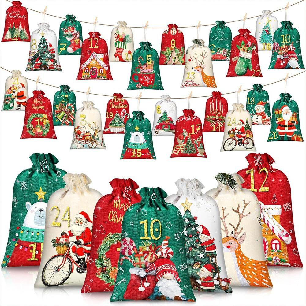 Wiederverwendbare Stoffbeutel Polyester Jute Kordelzugbeutel Adventskalenderbeutel Dekorativer DIY-Adventskalender für den Weihnachtsbaum