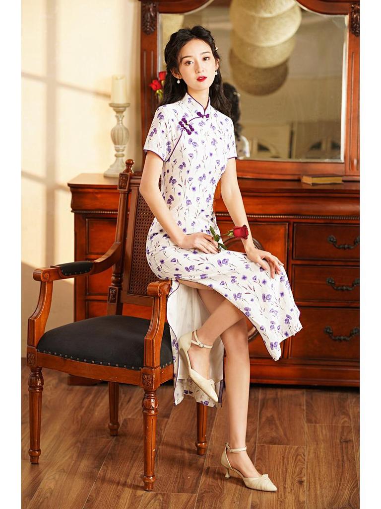 2024 Spring/Summer Elegant Retro Double-Layer Silk & Linen Short-Sleeve Cheongsam Dress