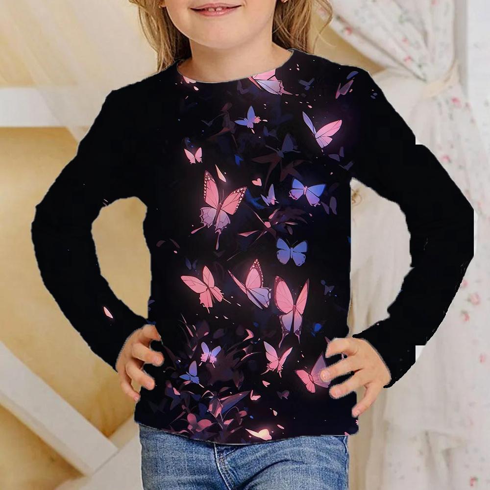 Spring and Autumn Round Neck Butterfly Pattern 3D Printed Top Fashionable Casual Long Sleeved Children's Girl T-shirts