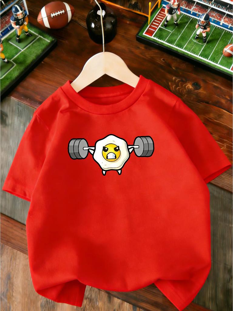 Cute Strong Egg Lifting Barbell Character Graphic T Shirt Boys Girls Casual Short Sleeve Tee Family Matching Kids Cotton Tops