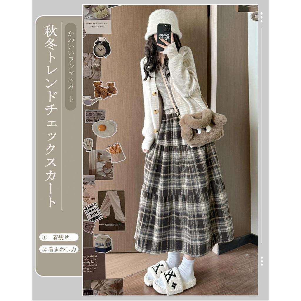 Volen Check Lacquer Check Loose Beautiful Women's Skirt, Fall/Winter, Skirt, Pattern, High-Waisted, A-Line, Flattering, Slimming, Fit, (YJP0035W-L)