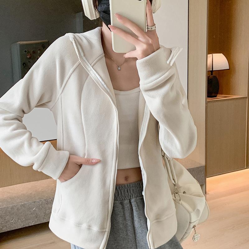 Hooded Zip Up Sports Jacket Women Autumn Winter Fleece Lined Thicken Hoodies Woman Solid Casual Loose Sweatshirts Cardigan