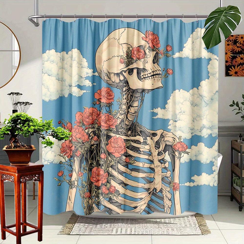 Artistic Floral Skeleton Shower Curtain - Unique Skeleton & Roses with Clouds,Washable Polyester,Ideal for Bathroom & Yard Decor