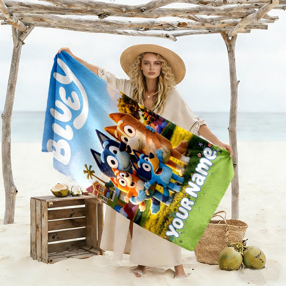 Bluey Personalized Text Beach Towel Quick-Dry Soft Microfiber For Beach Bathroom Outdoor Swimming Pool Camping Picnic Yoga Diving Vacation Accessories
