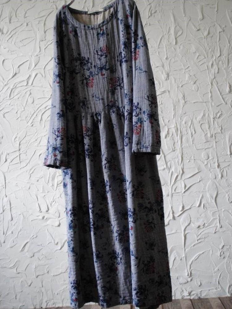 

Johnature женское винтажное хлопковое платье с цветочным принтом, халаты с длинными рукавами, осенние свободные мягкие женские платья One Size синий