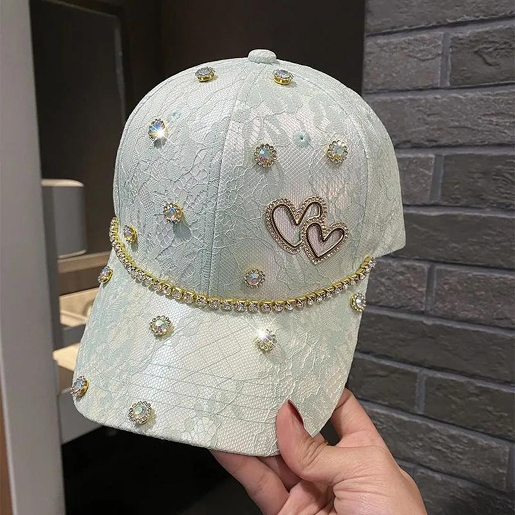 Rhinestone Heart Baseball Cap for Women Girls Fashion Patchwork Lace Low Profile Hat Trendy Adjustable Dad Hats Snapback Hat