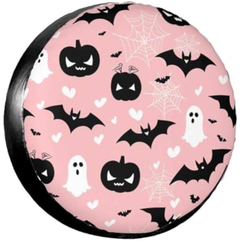 Cute Pink Halloween Tire Cover Ghosts Pumpkins Bats Spare Wheel Protector Waterproof For RV SUV