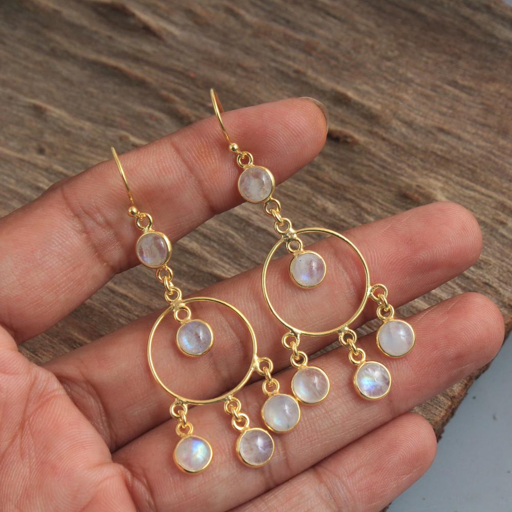 

Жіночі сережки з жовтого золота зі срібла 925 проби ручної роботи з натурального лабрадориту з місячним каменем білий