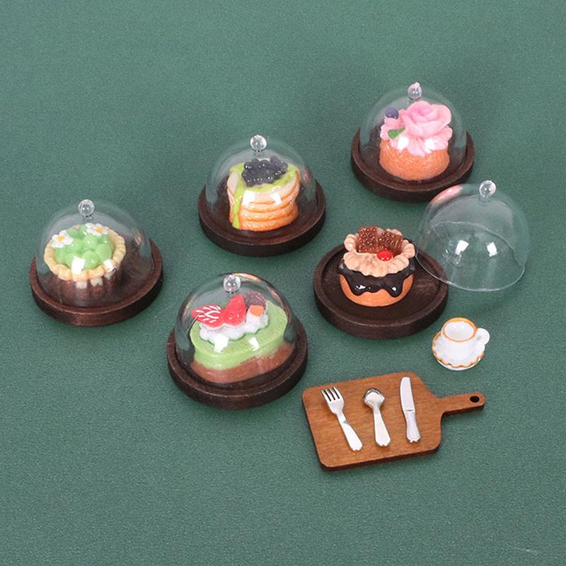 8Pcs/Set Diy Accessories Dollhouse Coffee Miniature Cake Wooden Tray With Cover Dessert Display Rack Kitchen Model Decor Toy