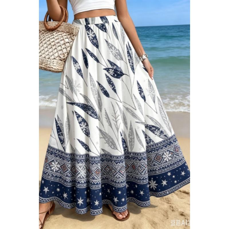 Tištěný design Červený a bílý drobný květinový potisk Celoroční dámská maxi sukně, Boho elastický pas Splývavá poloviční sukně