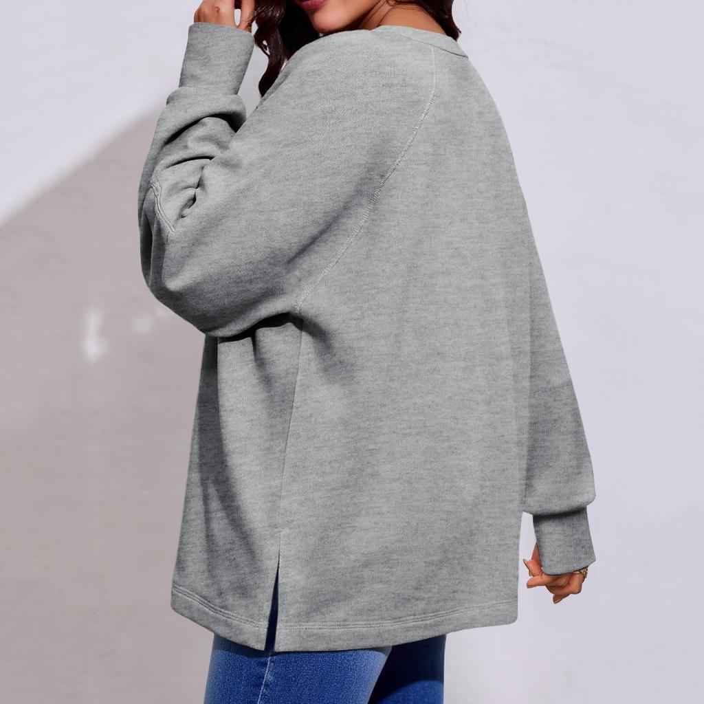 Women's Loose Long Sleeved Round Neck Slit Sports Top Casual Pullover Hoodie