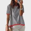 2025 Striped Contrast Knit Sweater: European/American Style, Drop Shoulder, Short Sleeve Top