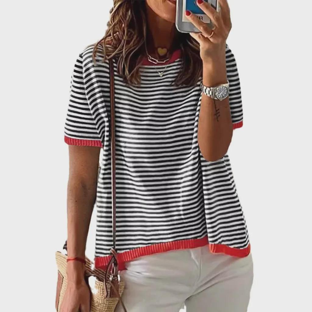 2025 Striped Contrast Knit Sweater: European/American Style, Drop Shoulder, Short Sleeve Top