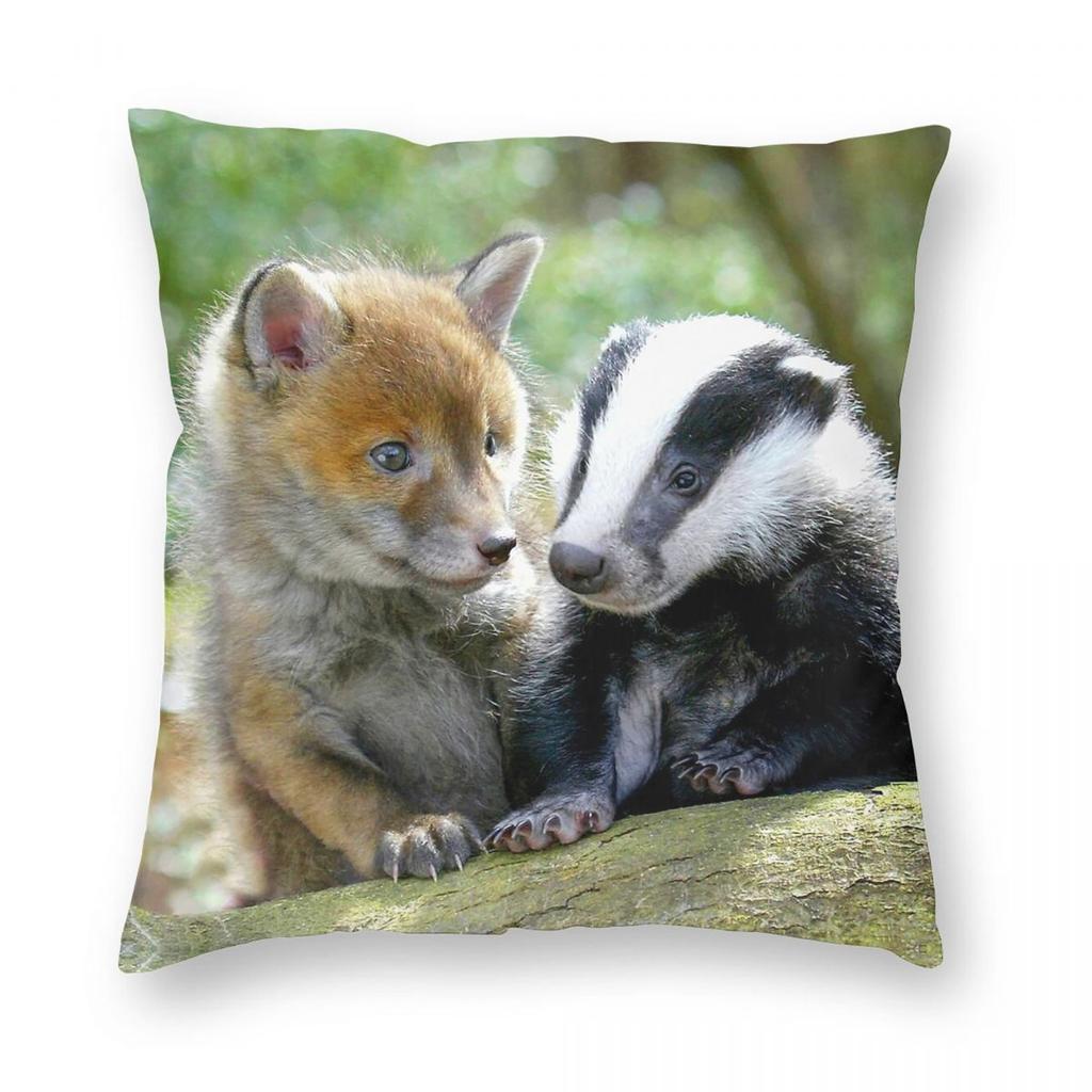Badger And Fox Cubs Square Pillowcase Polyester Linen Velvet Printed Zip Decor Throw Pillow Case Room Cushion Cover