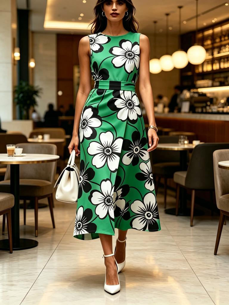 Green Floral Printed Round Neck Sleeveless Midi Dress Modern Elegant Casual Fashion Women's Clothing For Spring Summer And Autumn