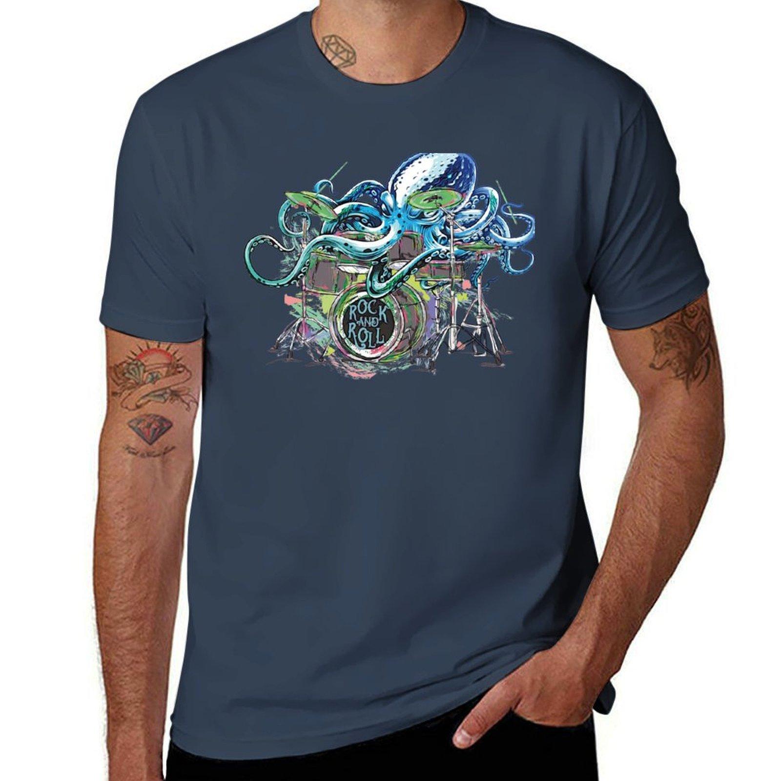 Drummer Octopus Playing The Drums Rock And Roll Style Tshirt Outdoor Sports Short Sleeve Top S
